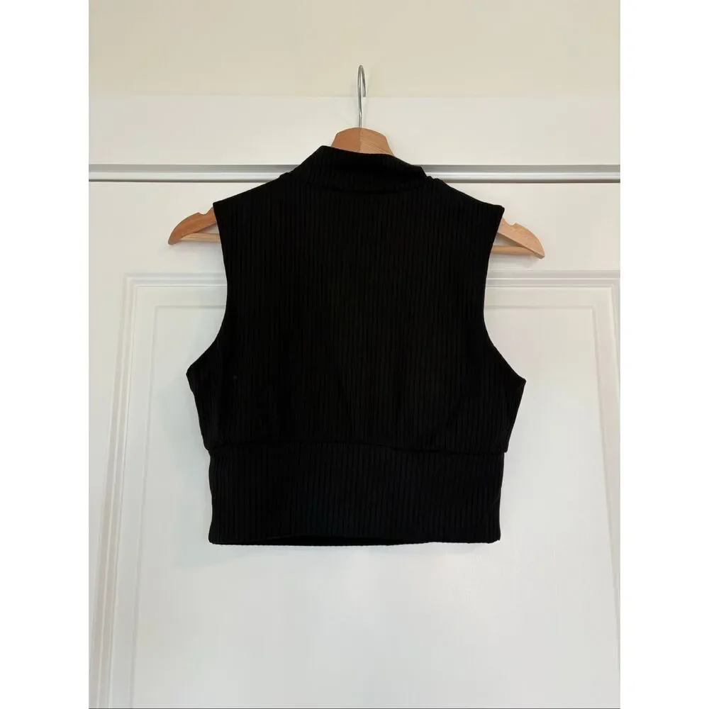 Spyder Active Ribbed Half-Zip Crop Tank with Built-In Bra - Black Size Small